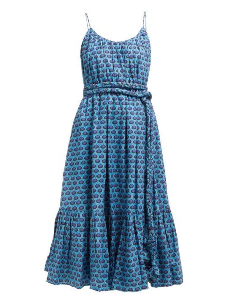 Rhode - Lea Belted Abstract Print Cotton Midi Dress - Womens - Blue Print