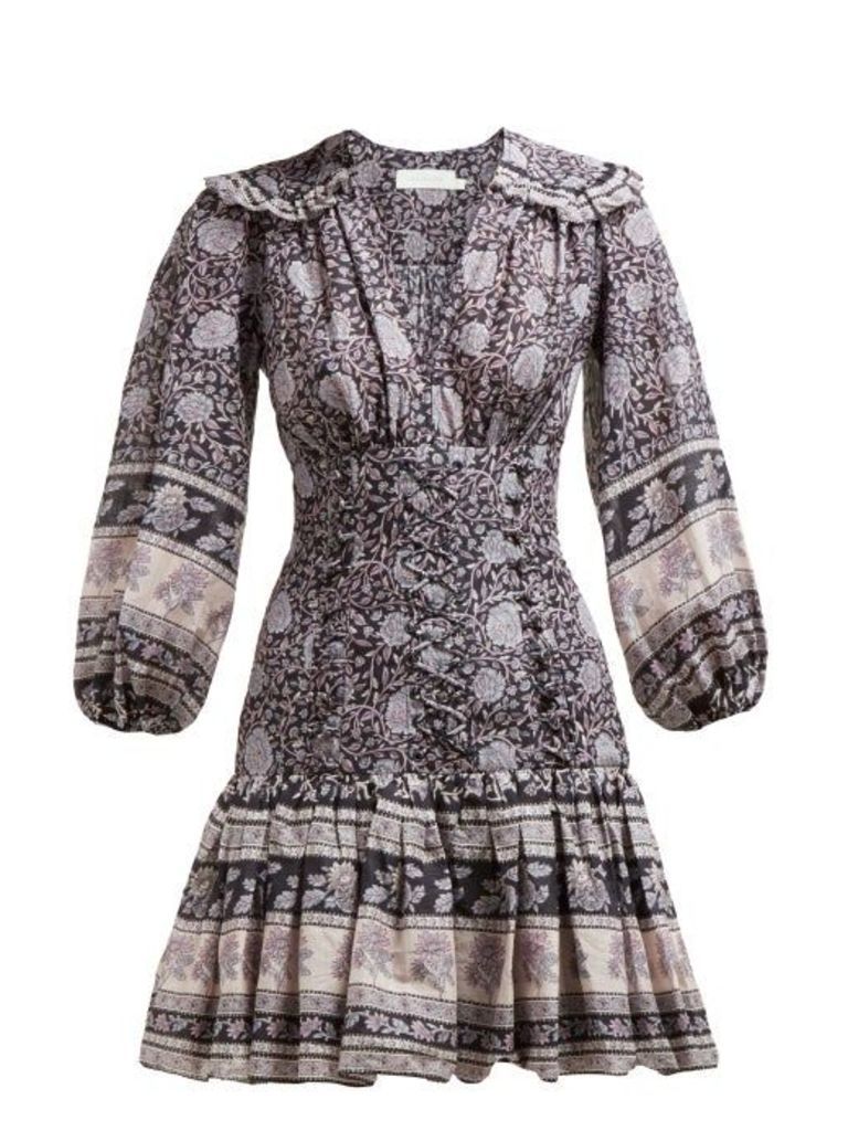 Zimmermann - Amari Paisley Print Ruffled Cotton Mini Dress - Womens - Navy