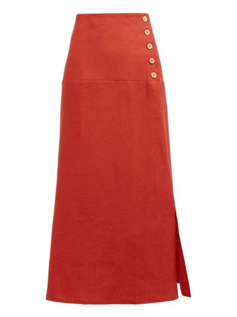 Belize - Elvira Buttoned Linen Midi Skirt - Womens - Red