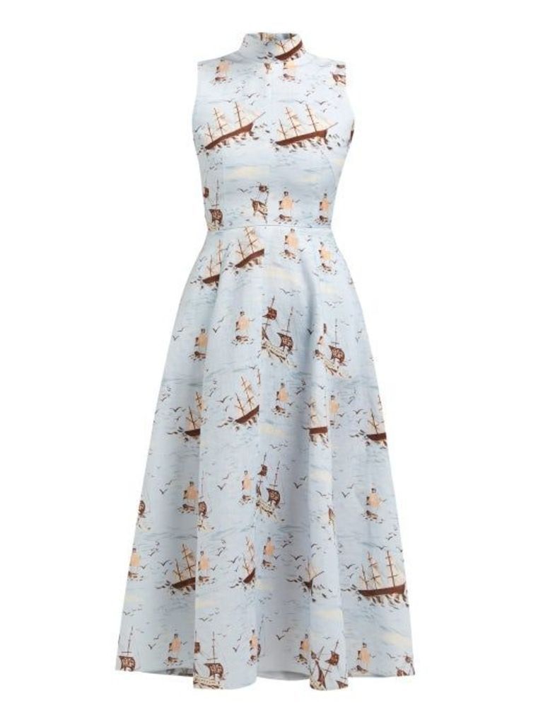 Emilia Wickstead - Sheila Ship Print Midi Dress - Womens - Blue Print