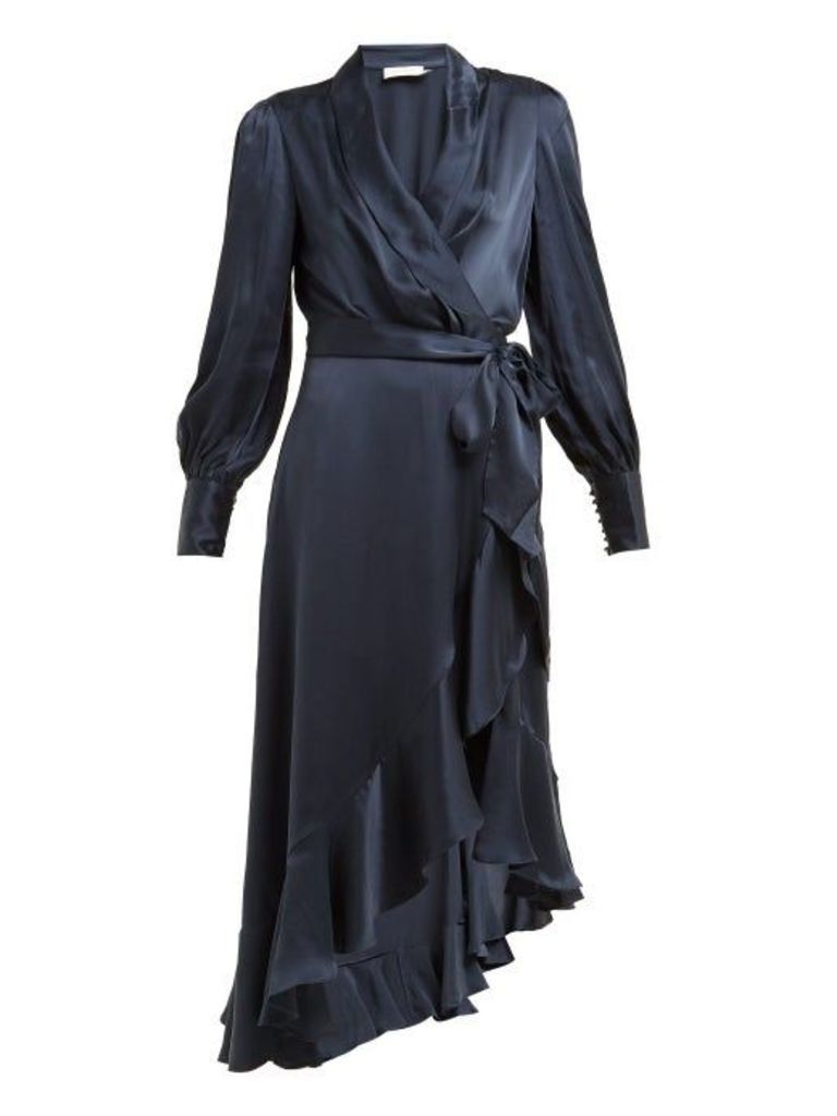 Zimmermann - Asymmetric Hem Silk Satin Wrap Dress - Womens - Navy