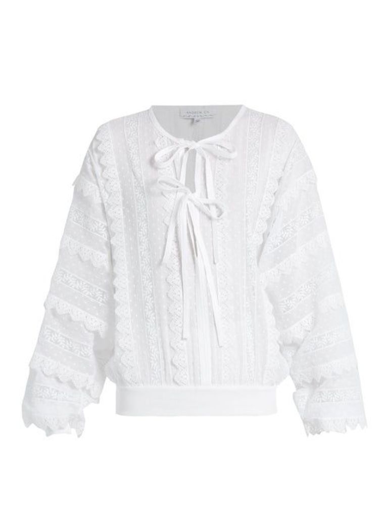 Andrew Gn - Lace Trimmed Tie Neck Cotton Blouse - Womens - White