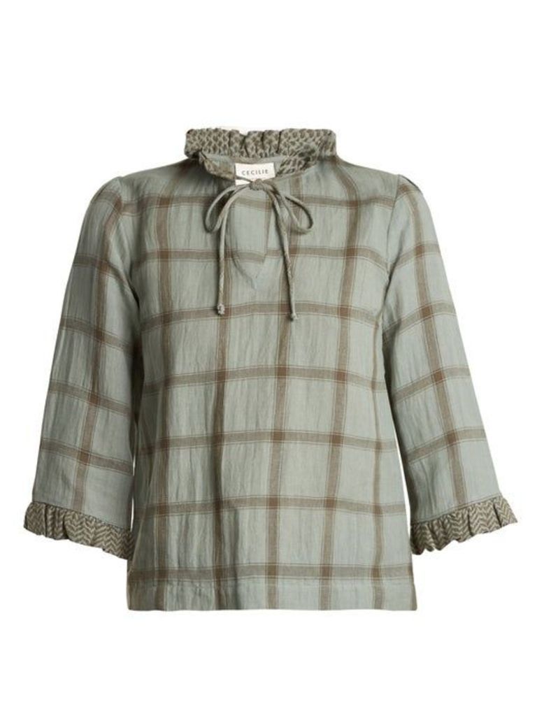 Cecilie Copenhagen - Tie Neck Cotton And Linen Blend Checked Top - Womens - Khaki Multi