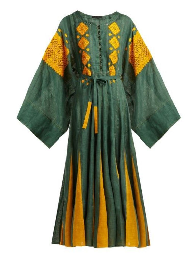 Vita Kin - Mirror Embroidered Linen Dress - Womens - Green Multi