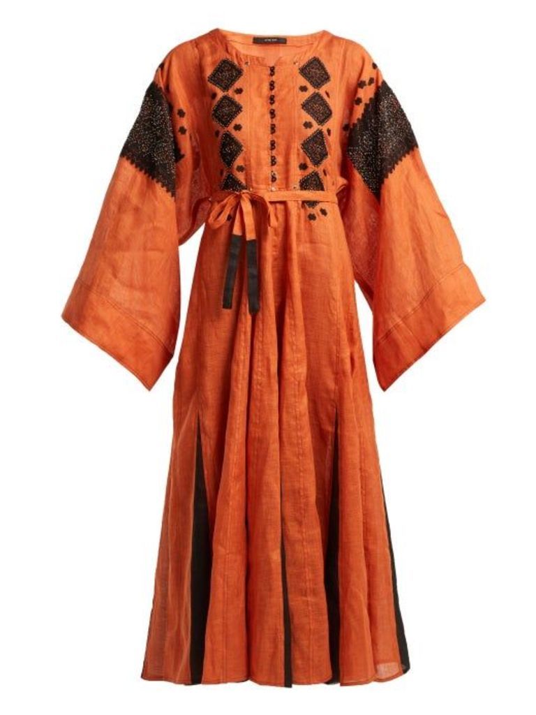 Vita Kin - Mirror Embroidered Linen Maxi Dress - Womens - Orange Multi