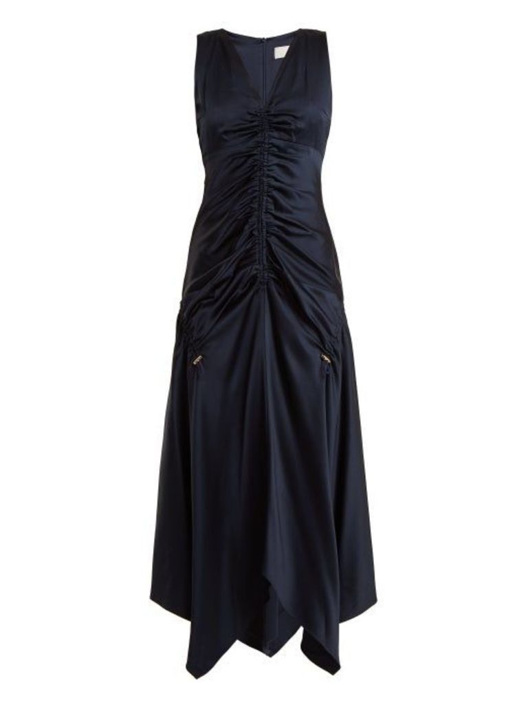 Peter Pilotto - Ruched V Neck Satin Dress - Womens - Navy