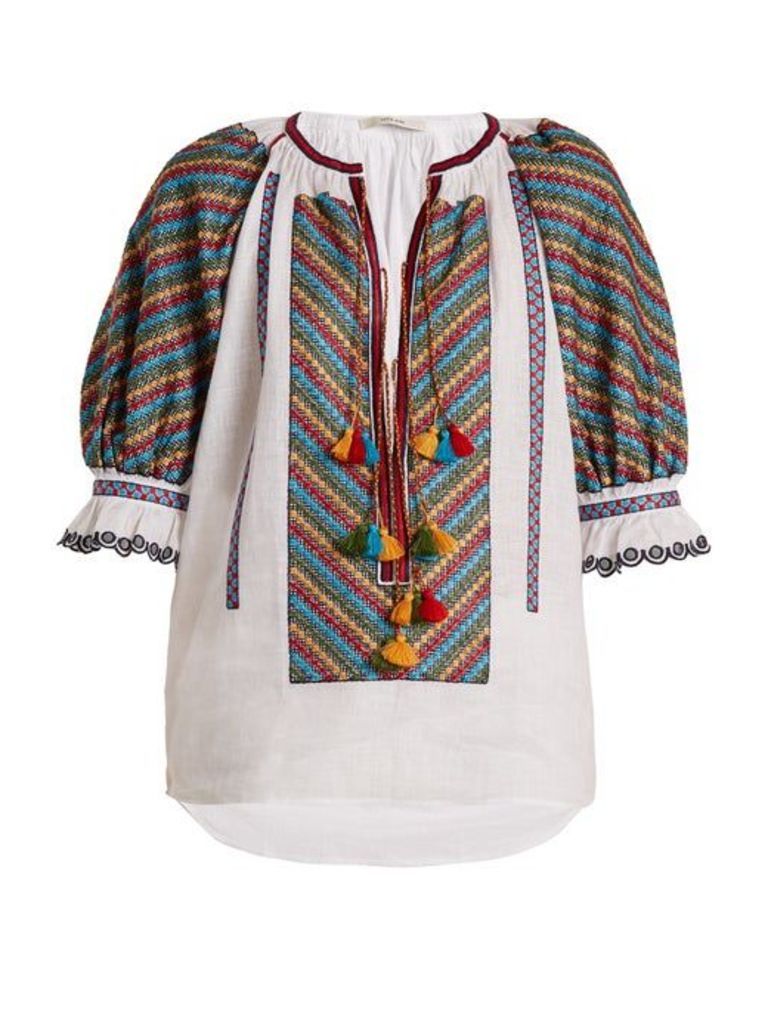 Vita Kin - Bulgaria Embroidered Mid Weight Linen Blouse - Womens - White Multi