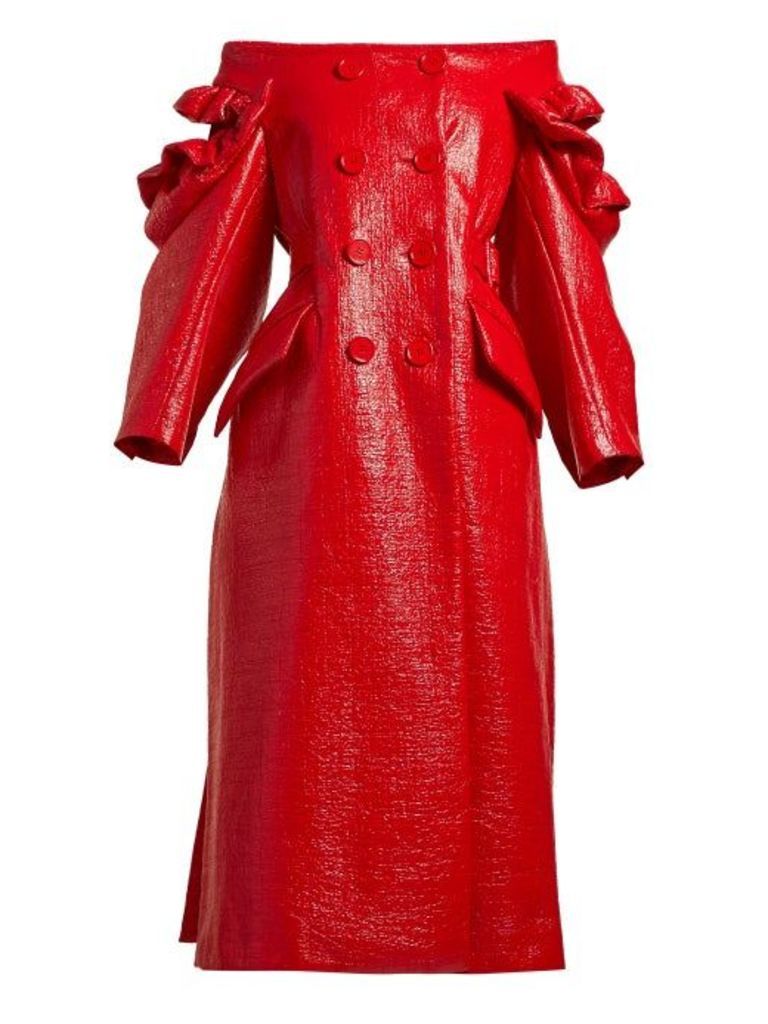 Simone Rocha - Off The Shoulder Patent Double Breasted Coat - Womens - Red
