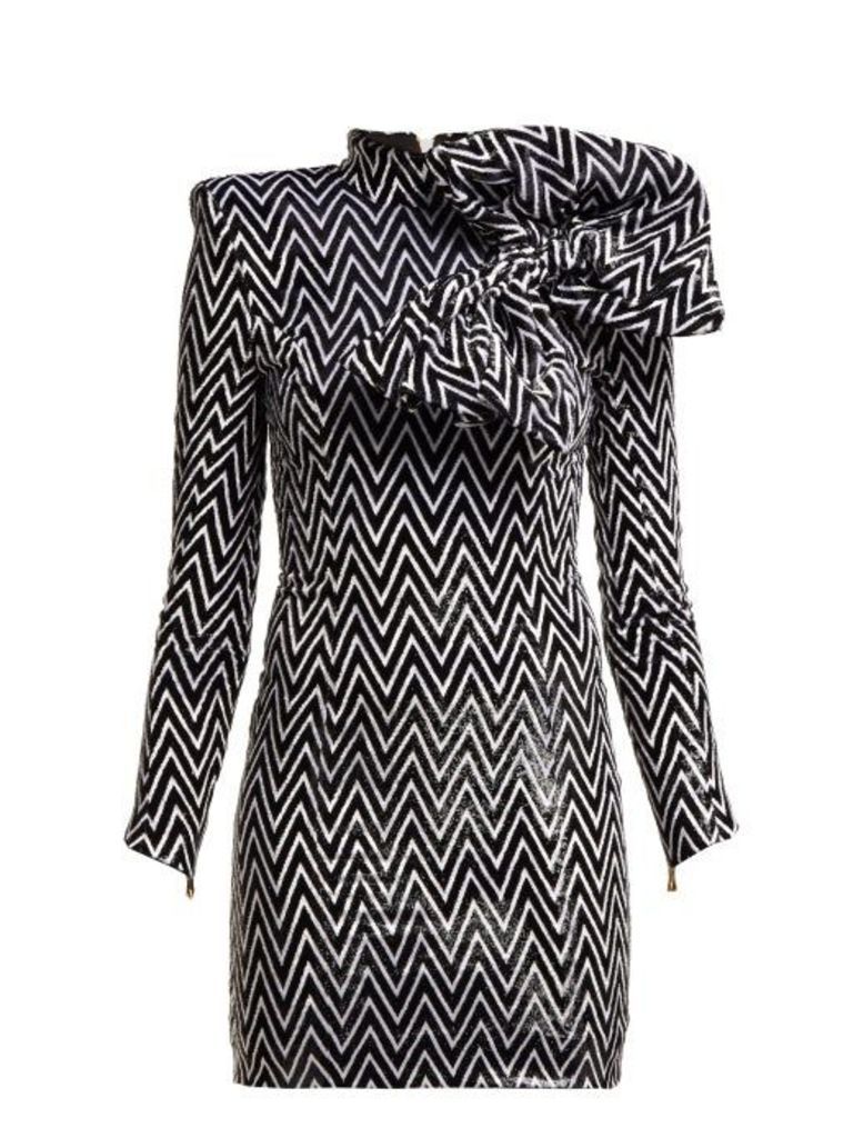 Balmain - Chevron Striped Bow Embellished Mini Dress - Womens - Black White