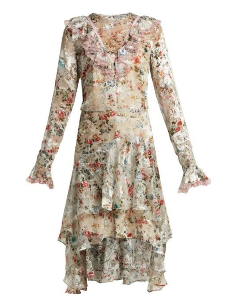 Preen By Thornton Bregazzi - Doris Floral Print Silk Blend Devoré Dress - Womens - Ivory Multi
