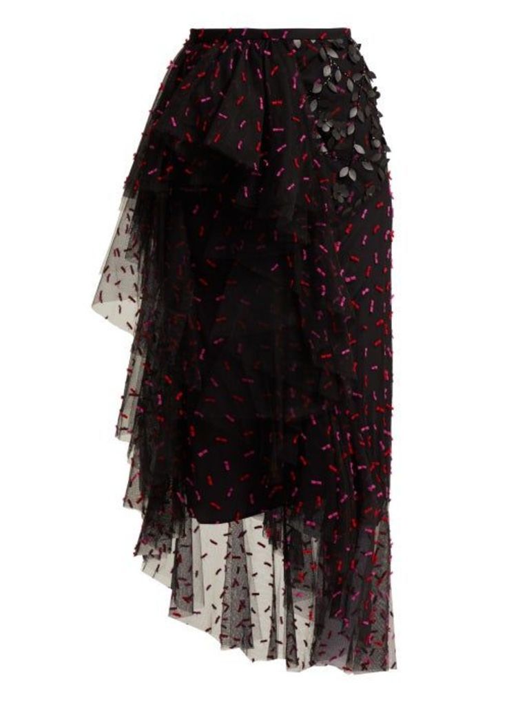 Rodarte - Asymmetric Floral-appliqué Tulle Skirt - Womens - Black Multi