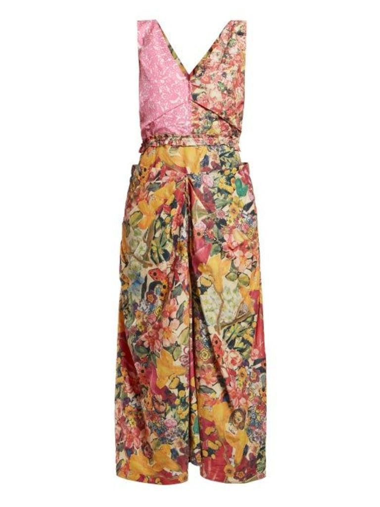 Marni - Panelled Floral Print Waxed Poplin Dress - Womens - Pink Multi