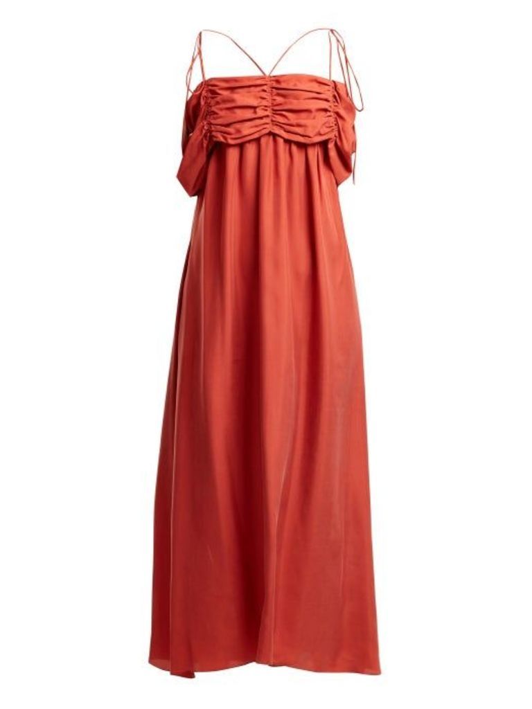 Isa Arfen - Ruched-detail Square-neck Silk Dress - Womens - Red