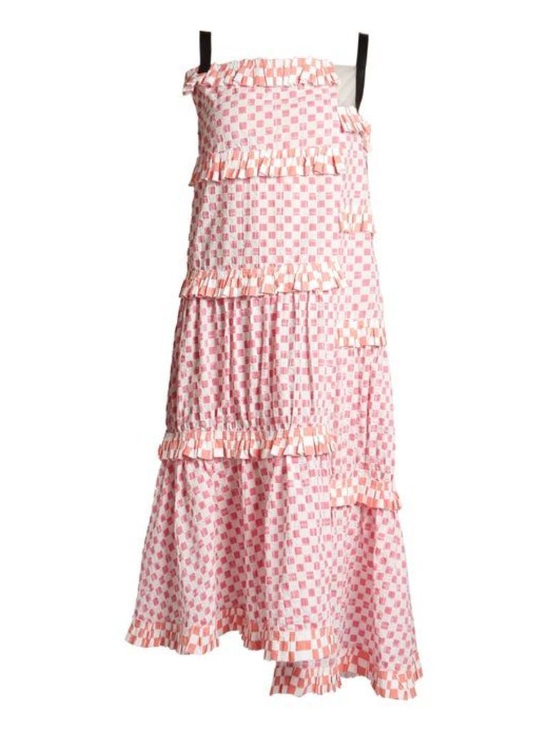 Loewe - Patchwork Print Tiered Cotton Dress - Womens - Pink White