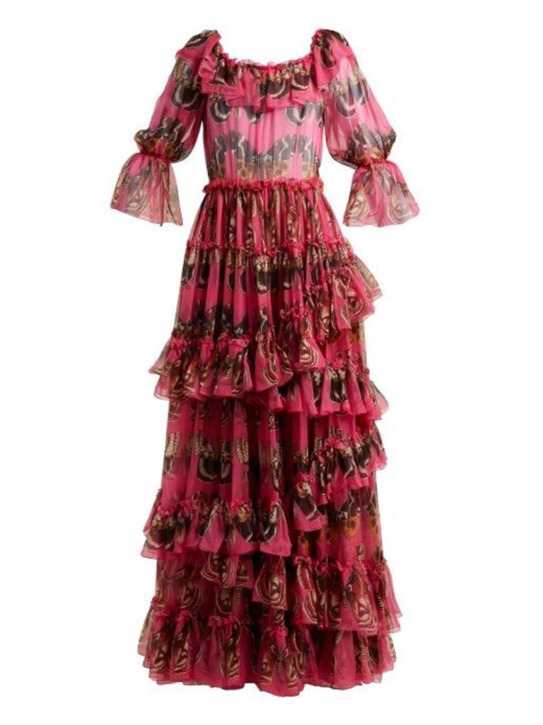 Dolce & Gabbana - Butterfly-print Ruffled Silk-chiffon Gown - Womens - Pink Print
