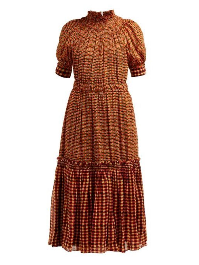 Proenza Schouler - Square-print Gathered Silk-georgette Midi Dress - Womens - Orange Multi