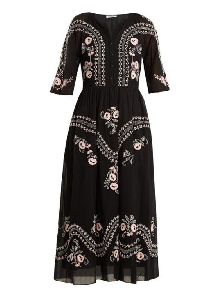 Vilshenko - Geneve Embroidered Short Sleeve Cotton Dress - Womens - Black Multi