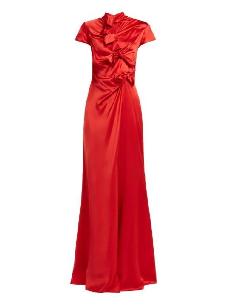 Saloni - Kelly Bow Detail Silk Satin Dress - Womens - Red