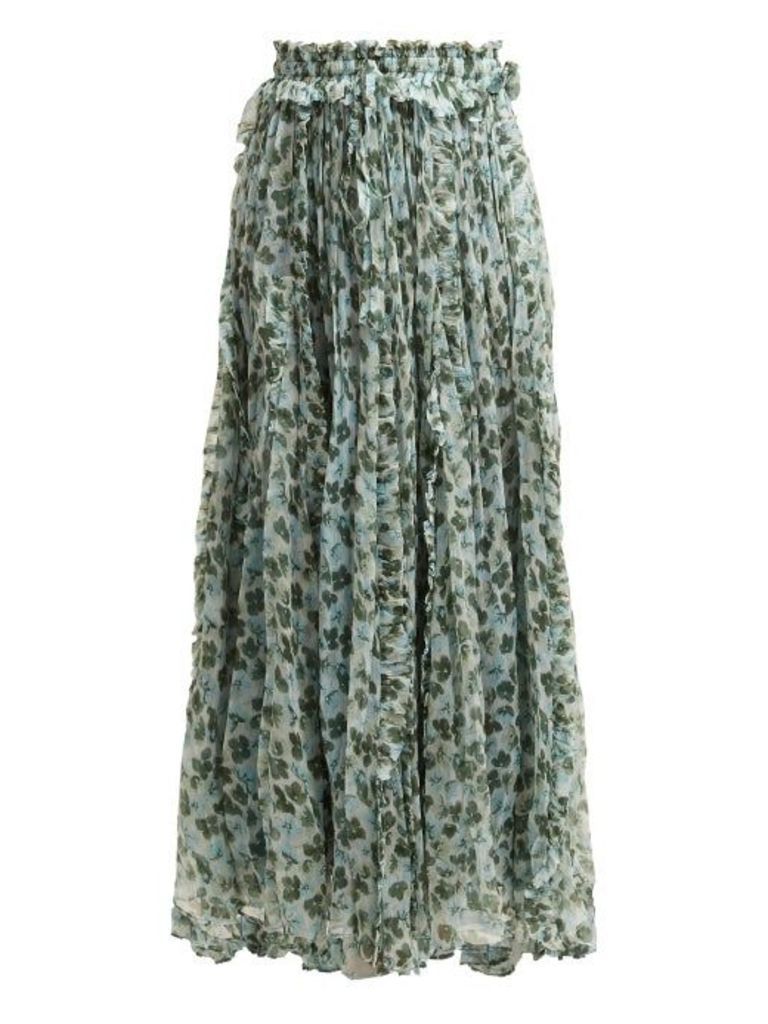 Lee Mathews - Nina Godet Floral Print Silk Skirt - Womens - Green Multi