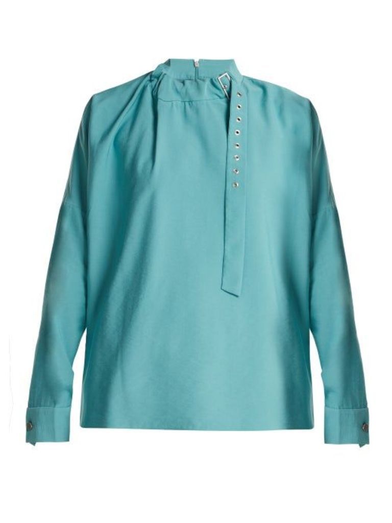 Tibi - Buckled Neck Twill Blouse - Womens - Blue