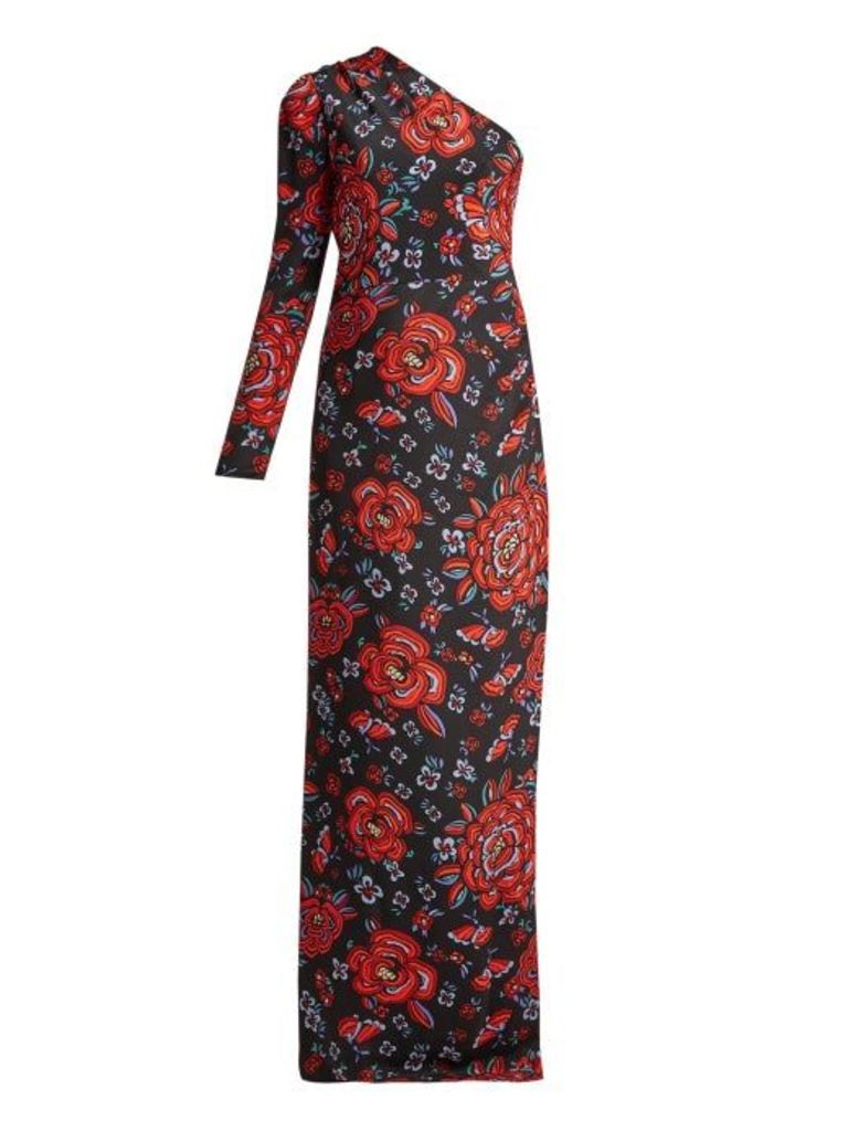 Rebecca De Ravenel - Rose Print One Shoulder Silk Gown - Womens - Black Multi