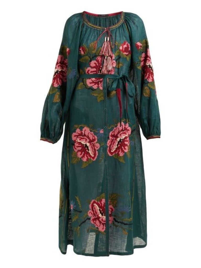 Vita Kin - Gypsy Queen Floral-embroidered Linen Dress - Womens - Green Multi