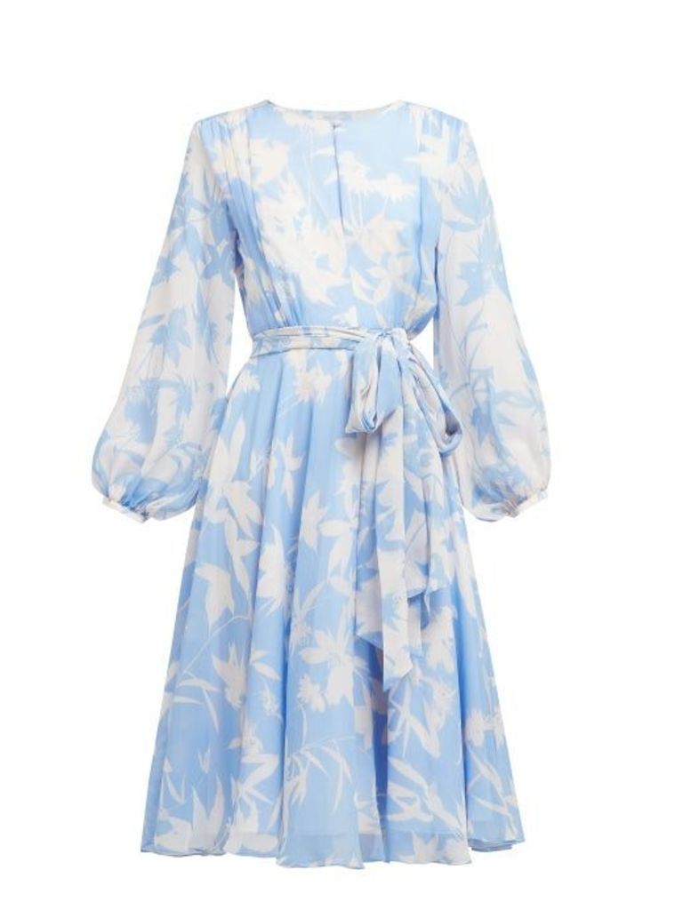 Beulah - Nandita Blue Shadow Floral Print Silk Midi Dress - Womens - Blue White
