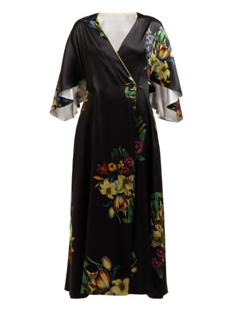 Adriana Iglesias - Floral Print Silk Blend Robe Dress - Womens - Black White
