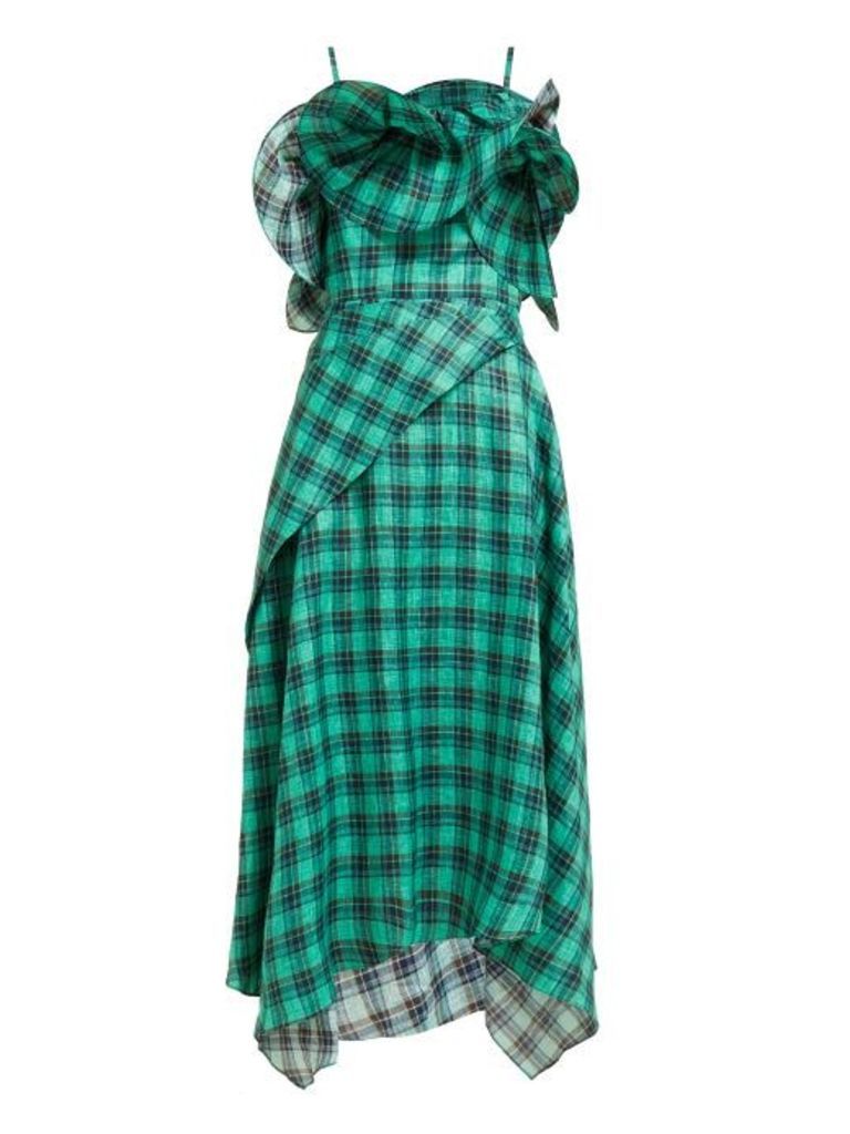 Osman - Julie Check Print Ruffle Bodice Linen Midi Dress - Womens - Green Multi