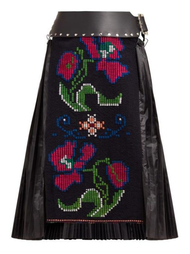 Chopova Lowena - Floral Embroidered Wool And Technical Fabric Skirt - Womens - Black Multi