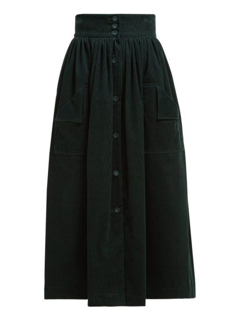 The Vampire's Wife - Visiting Button Front Cotton Corduroy Midi Skirt - Womens - Dark Green