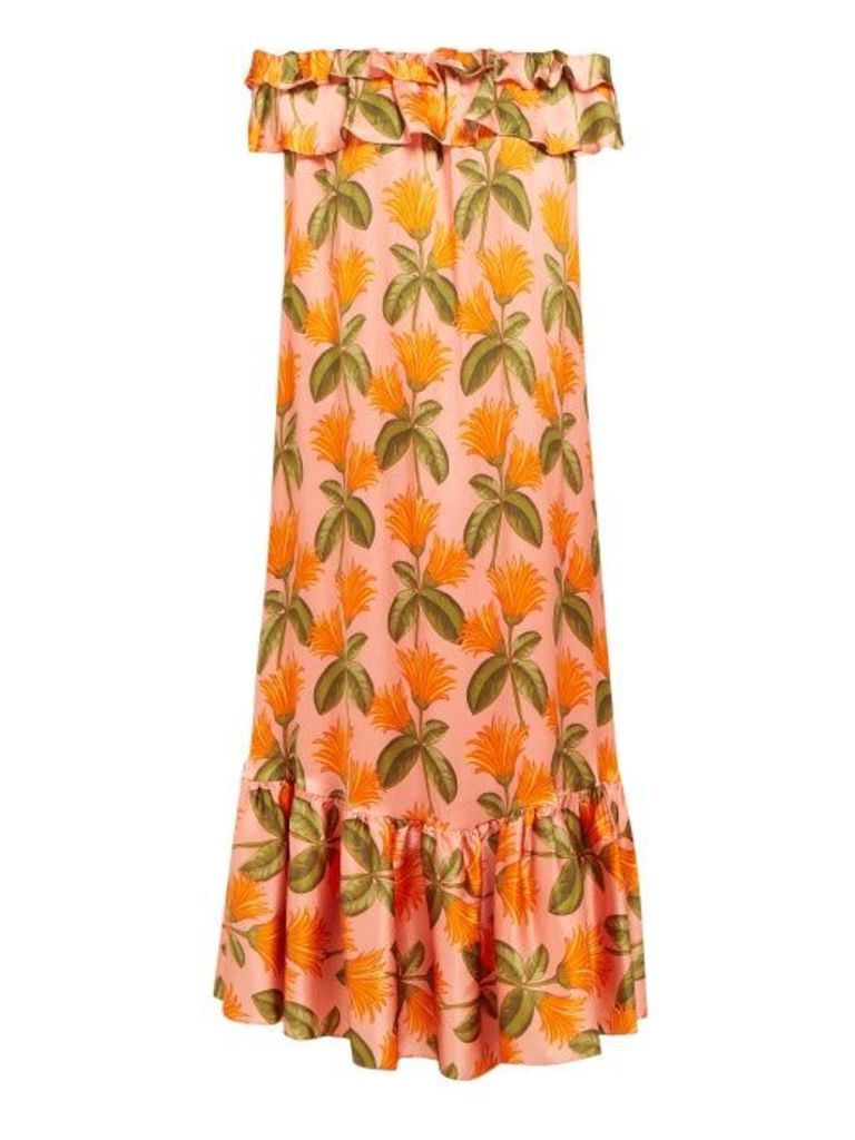 Borgo De Nor - Agata Floral Print Silk Satin Midi Dress - Womens - Orange Multi