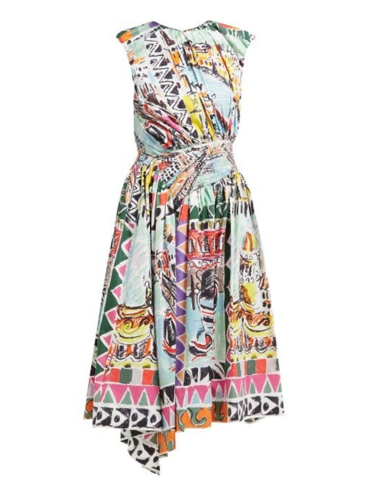 Prada - Venice Postcard Print Cotton Midi Dress - Womens - Blue Multi