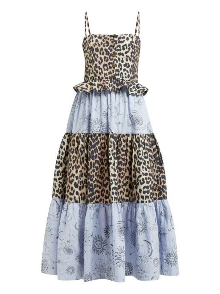 Ganni - Leopard And Moon Print Tiered Poplin Midi Dress - Womens - Blue Multi