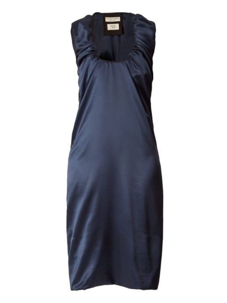 Bottega Veneta - Gathered Scoop Neck Satin Midi Dress - Womens - Dark Blue