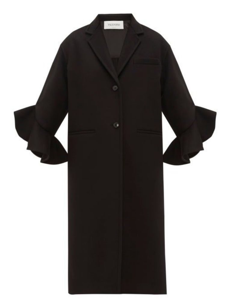 Valentino - Ruffled Cuff Single Breasted Wool Blend Coat - Womens - Black