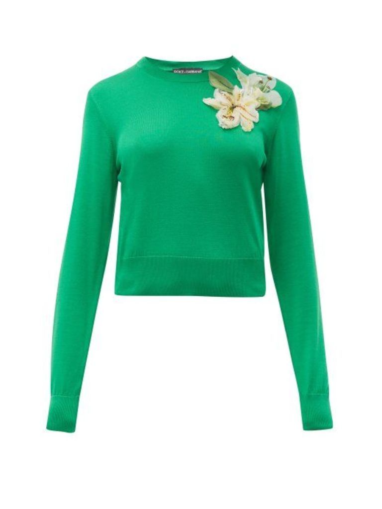 Dolce & Gabbana - Lily Appliqué Cropped Silk Sweater - Womens - Green