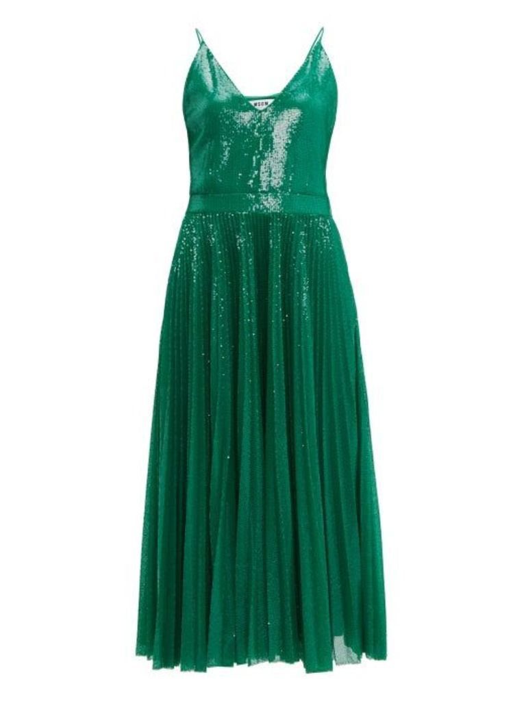 Msgm - Pleated Sequinned Dress - Womens - Green