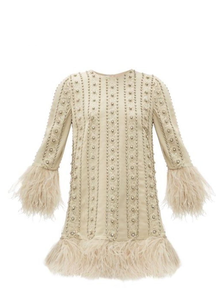 Valentino - Crystal & Feather-embroidered Silk-crepe Dress - Womens - Ivory Multi