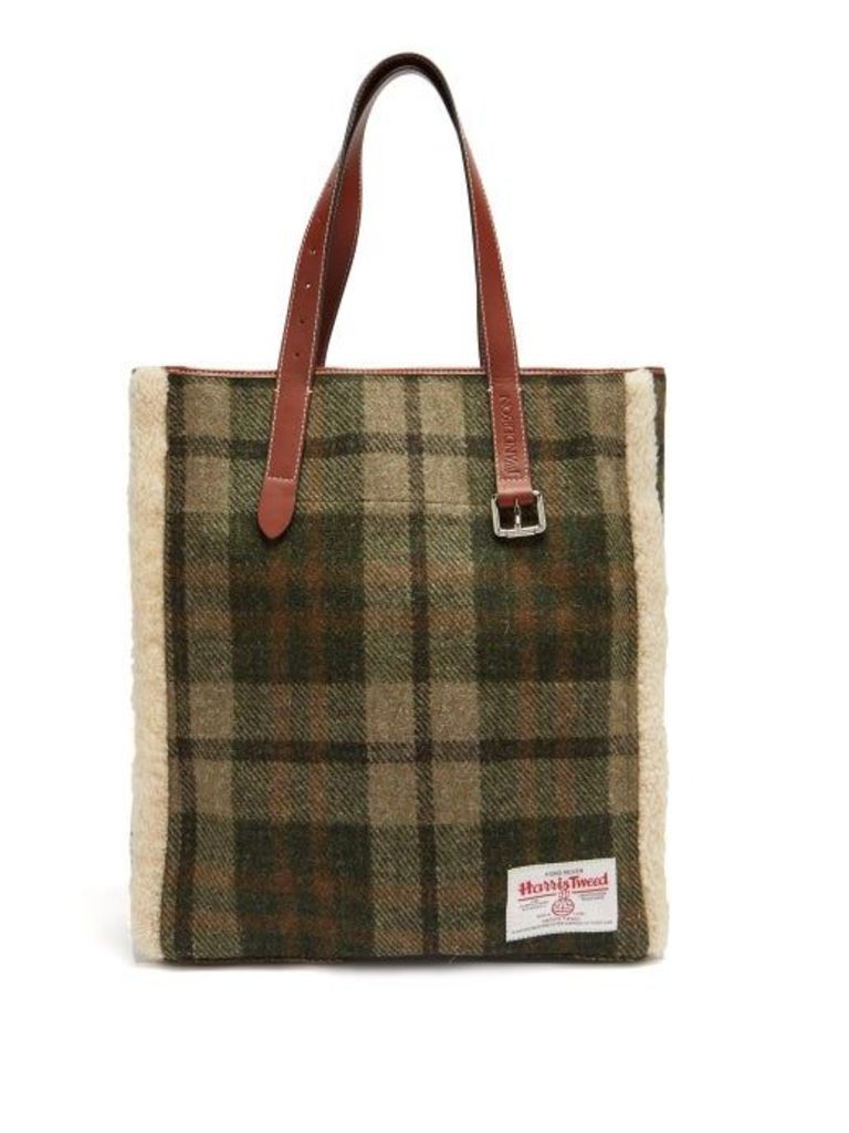 Jw Anderson - Shearling Trimmed Checked Harris Tweed Tote - Womens - Green Multi