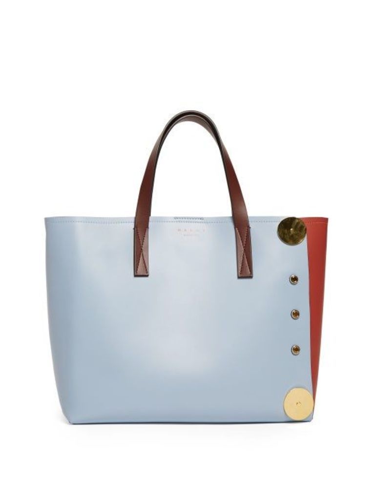 Marni - Punch Contrast Panel Leather Tote - Womens - Blue Multi