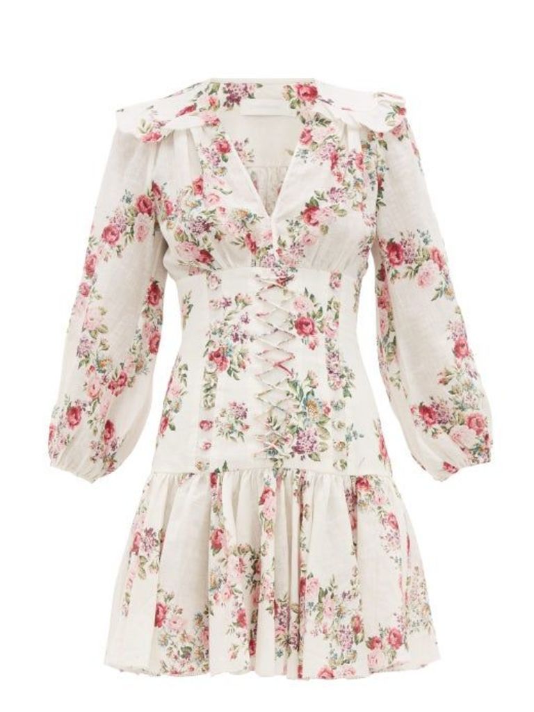 Zimmermann - Honour Floral Print Corset Linen Mini Dress - Womens - Cream