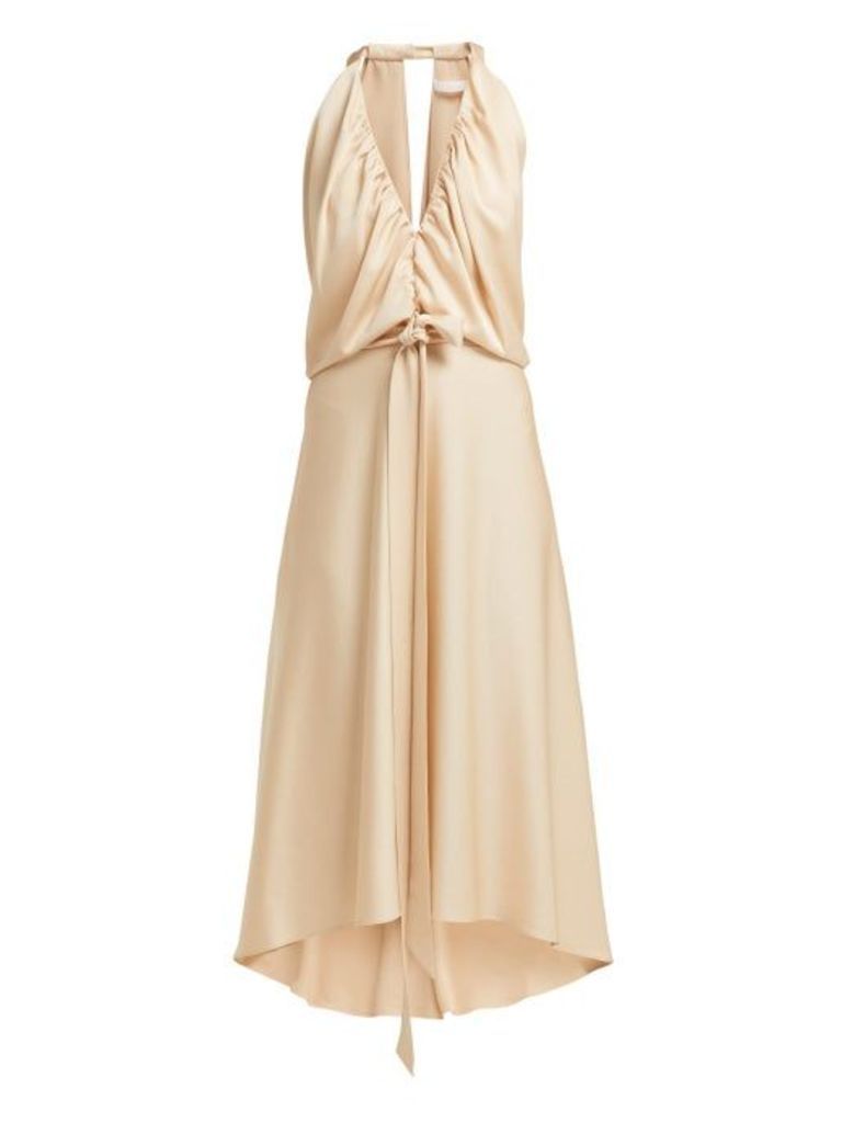 Chloé - V-neckline Gathered Satin Midi Dress - Womens - Light Brown