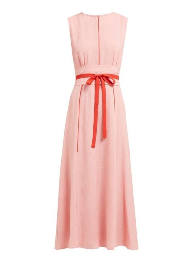Cefinn - Tie Waist Pleated Voile Midi Dress - Womens - Pink Multi