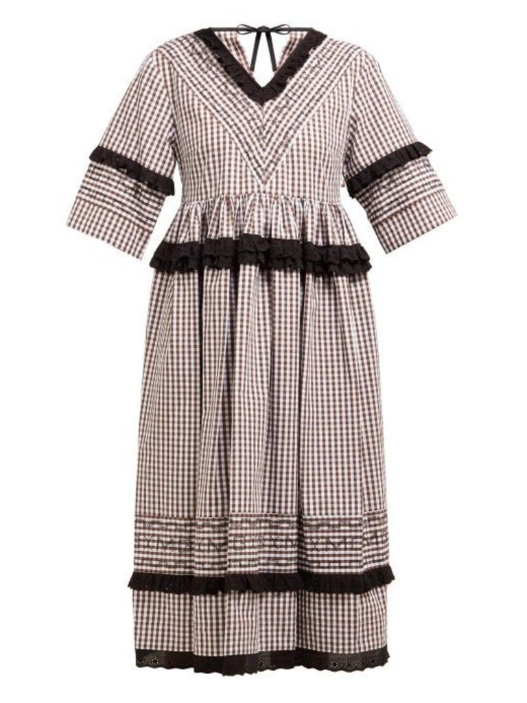 Molly Goddard - Frank Cross Stitched Gingham Cotton Midi Dress - Womens - Brown