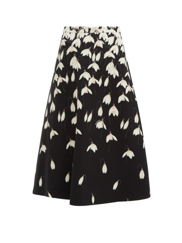 Valentino - Snowdrop Print Wool Blend Crepe Midi Skirt - Womens - Black Multi