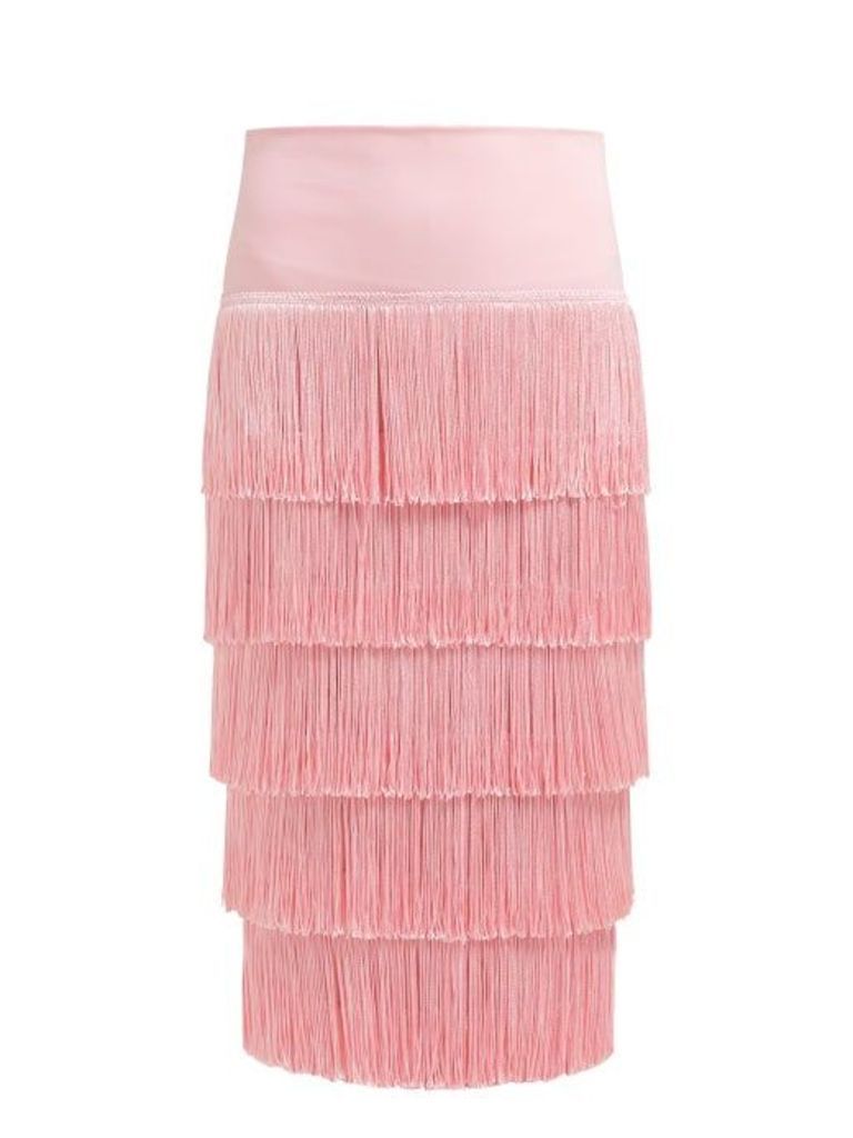 Norma Kamali - Tiered Fringe Stretch Jersey Pencil Skirt - Womens - Pink