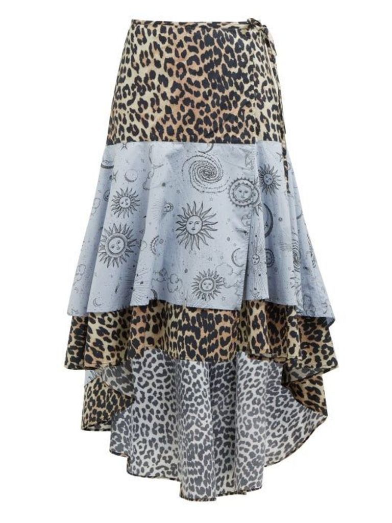 Ganni - Leopard And Moon Print High Low Hem Cotton Skirt - Womens - Blue Multi