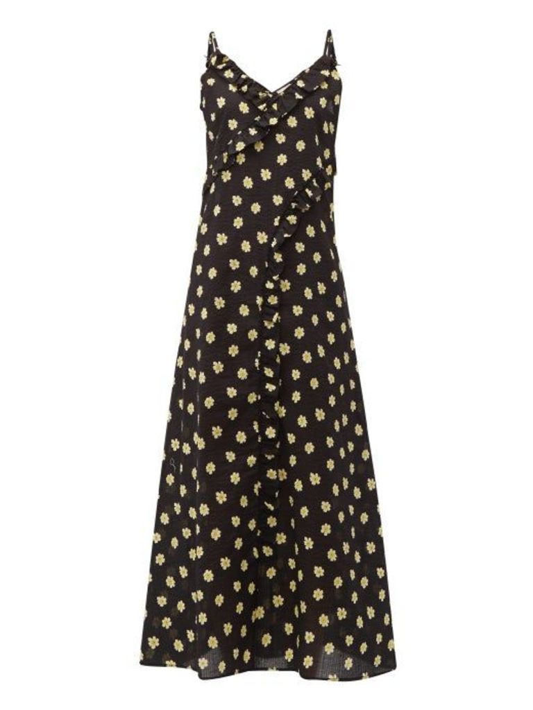 Belize - Kim Floral-print Ruffle-trim Cotton Midi Dress - Womens - Black Print