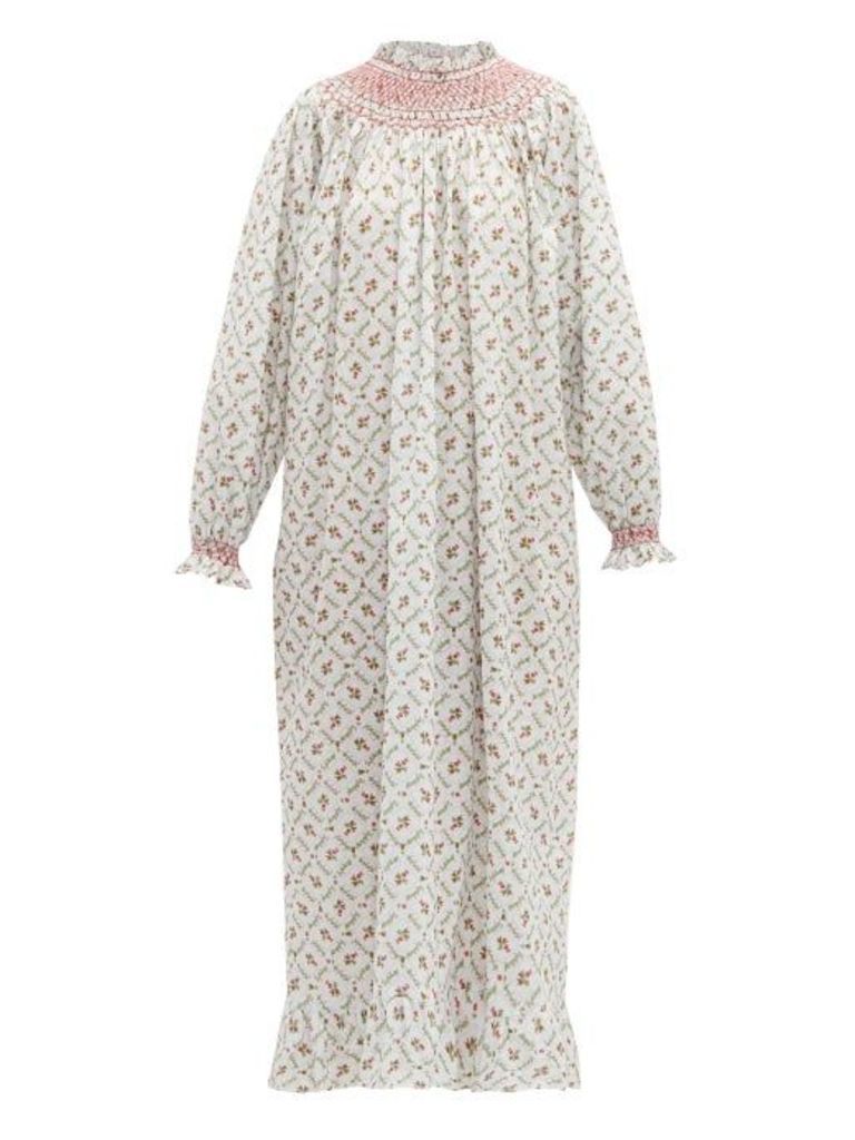 Loretta Caponi - Smocked Floral-print Cotton Maxi Dress - Womens - White Multi